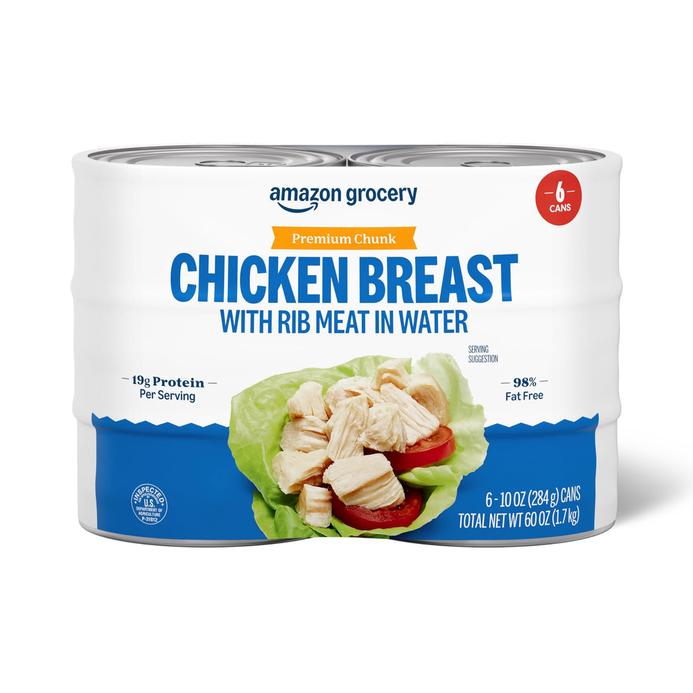 Amazon Grocery Premium Chunk Chicken Breast 6-pack cans closeup for a protein-rich pantry staple