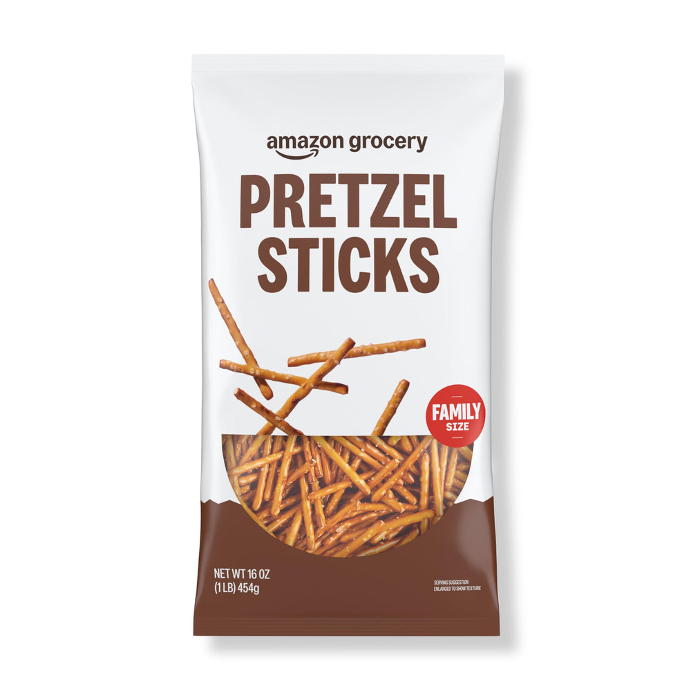 Amazon Grocery Pretzel Sticks 16 oz bag front, crisp snack ready for sharing.
