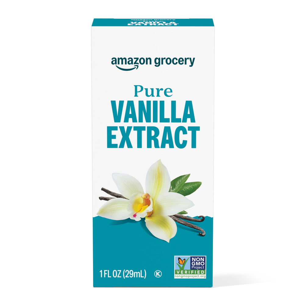 Amazon Grocery pure vanilla extract bottle with amber liquid, ideal for baking