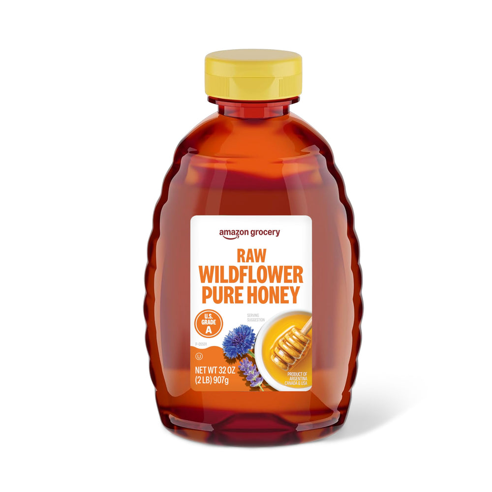Amazon Grocery raw wildflower honey 2lb bottle close-up for tea and baking.