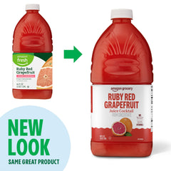 Close-up of the label on Amazon Grocery Ruby Red Grapefruit Juice Cocktail bottle.