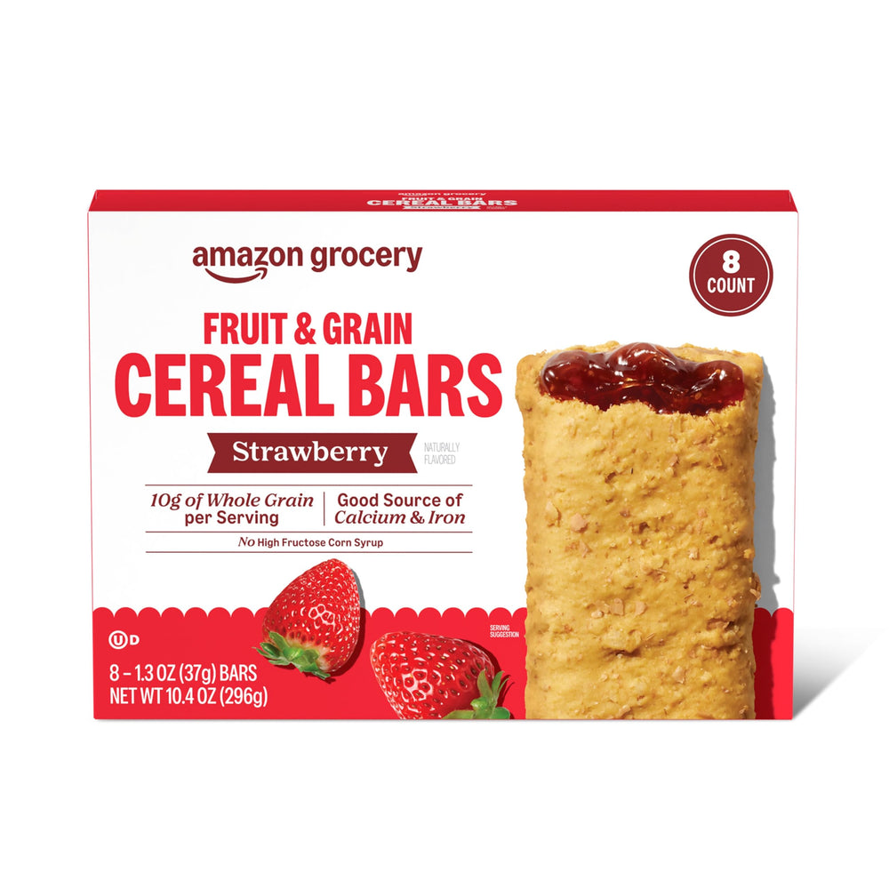 Amazon Grocery strawberry fruit & grain bars box front, ideal on-the-go snack.
