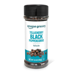 Amazon Grocery Tellicherry whole peppercorns bottle enhances savory meals.