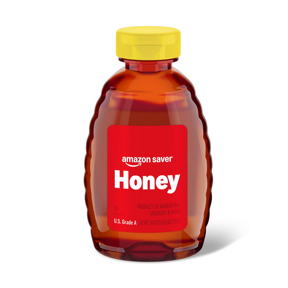 Amazon Saver Honey 24oz jar viewed from the top, ideal for spreads and tea sweetening.