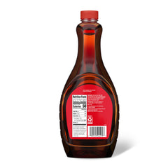 Close-up of the Amazon Saver Pancake Syrup Original bottle label, easy pantry access.