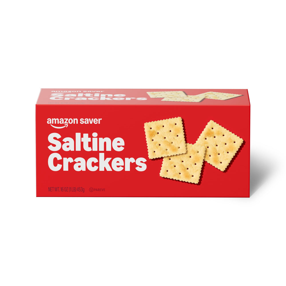 Amazon Saver saltine crackers 16oz box front, a reliable pantry staple.