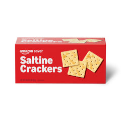 Amazon Saver saltine crackers 16oz box front, a reliable pantry staple.