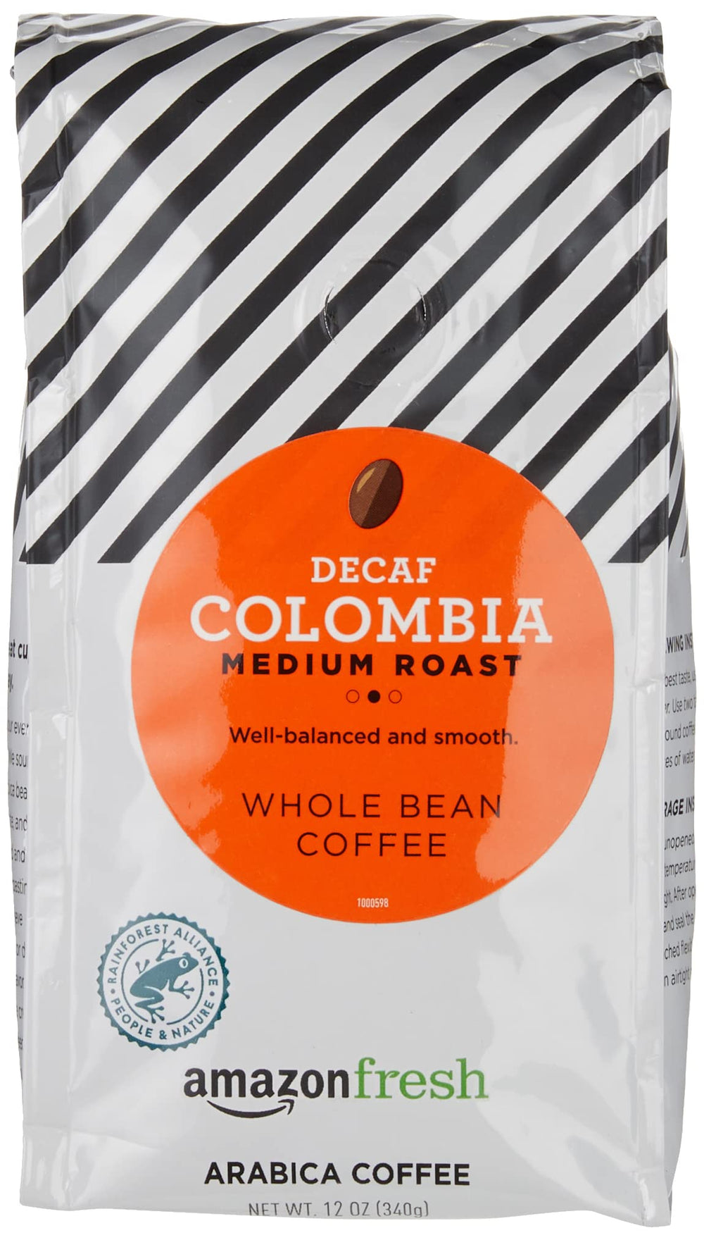 Amazon Fresh Decaf Colombia coffee beans ready for grinding