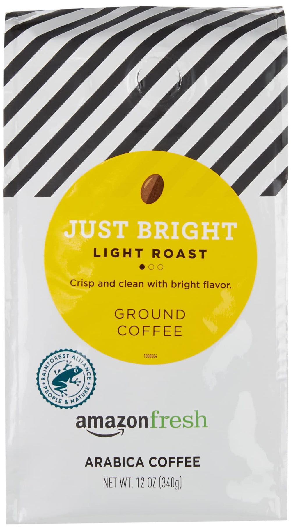Amazon Fresh Just Bright ground coffee bag with freshness seal.