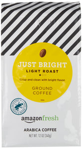 Amazon Fresh Just Bright ground coffee bag with freshness seal.