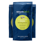 Amazon Fresh Peru ground coffee packaging shows three 12-ounce bags for freshness.