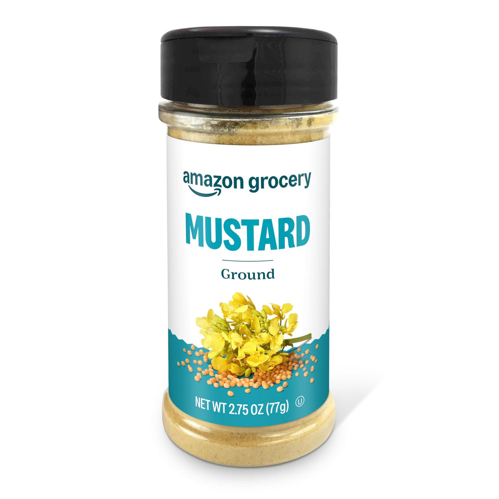 Amazon Grocery ground mustard bottle with bold yellow content for flavor boost.