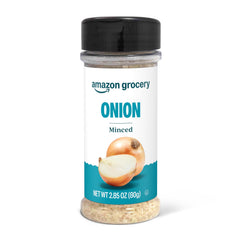Amazon Grocery minced onion bottle front view for quick meal flavor.