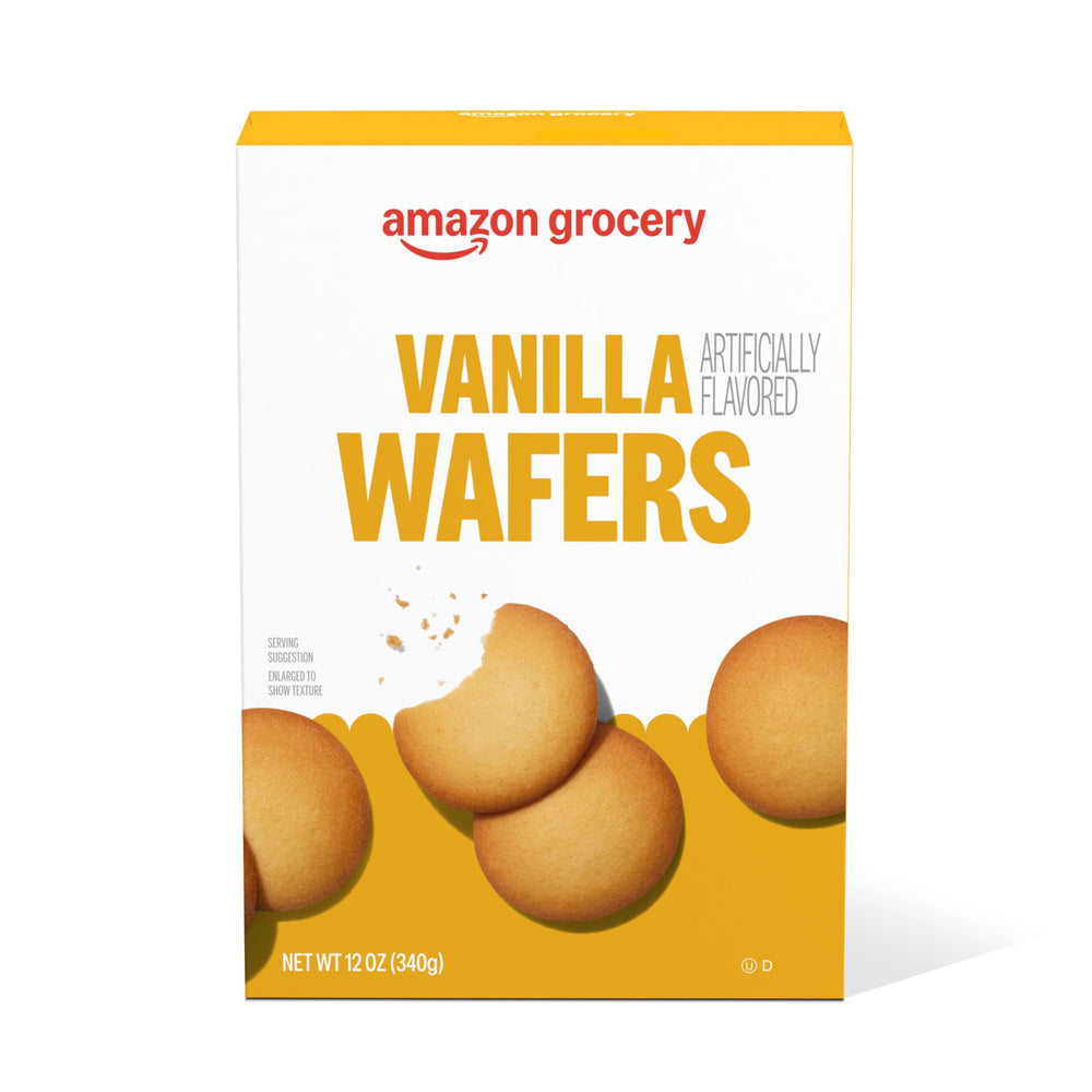 Amazon Grocery Vanilla Wafers box-front shows a 12 oz packaging for quick snacking