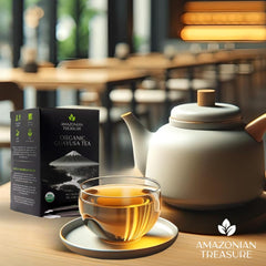 Guayusa tea bags steeping releases rich aroma and balanced caffeine.