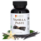 Amber Premium Vanilla Paste jar close-up shows vanilla specks for rich baking.