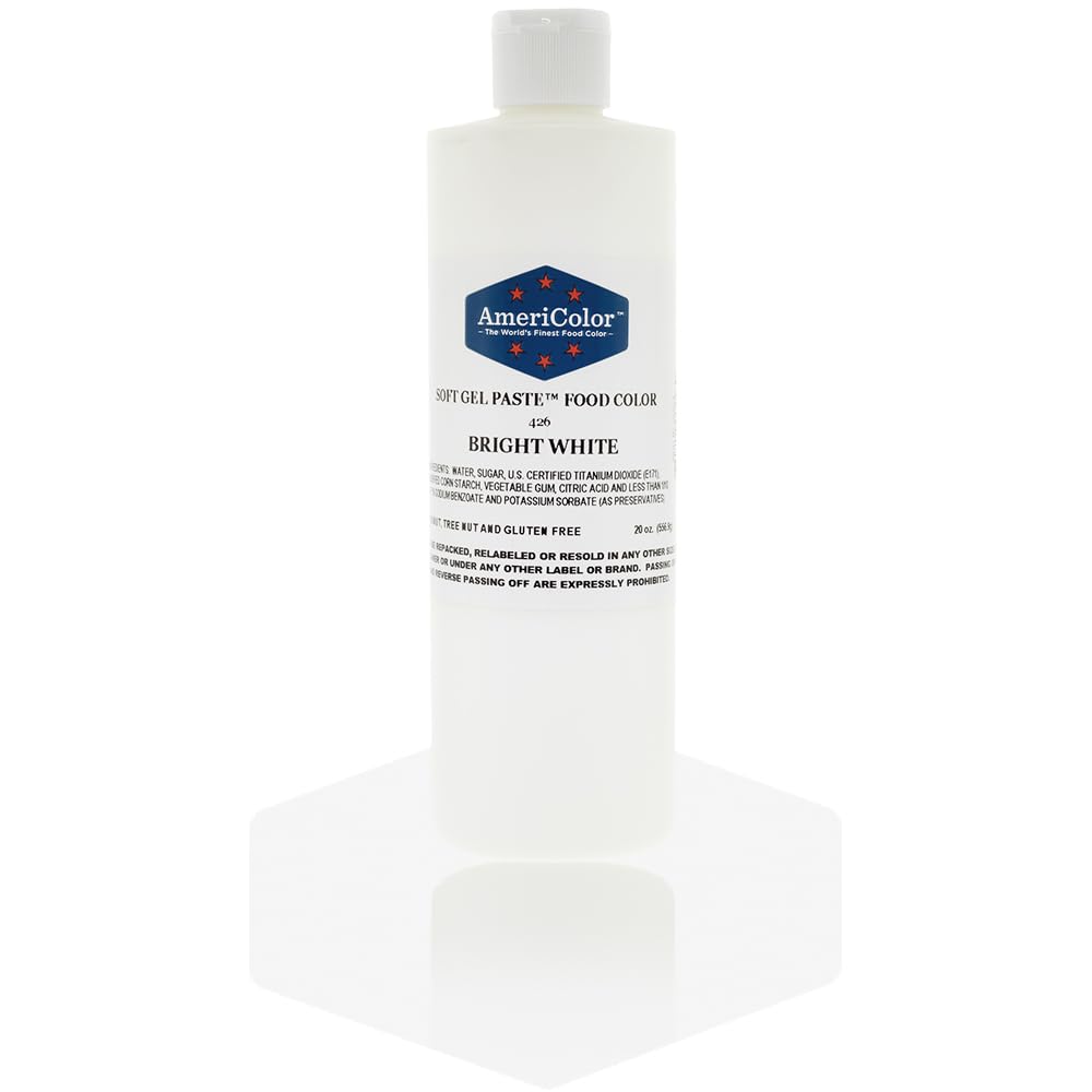 AmeriColor Bright White Soft Gel Paste bottle for vibrant royal icing coloring.