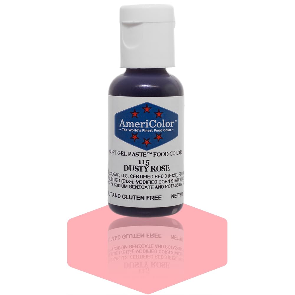 AmeriColor Dusty Rose gel paste bottle showing vibrant color for cake decorating.