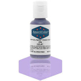 AmeriColor Lilac Soft Gel Paste bottle with pourable gel enables precise, repeatable icing color drops.