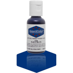 AmeriColor Navy Blue Soft Gel Paste bottle pour for precise color control.