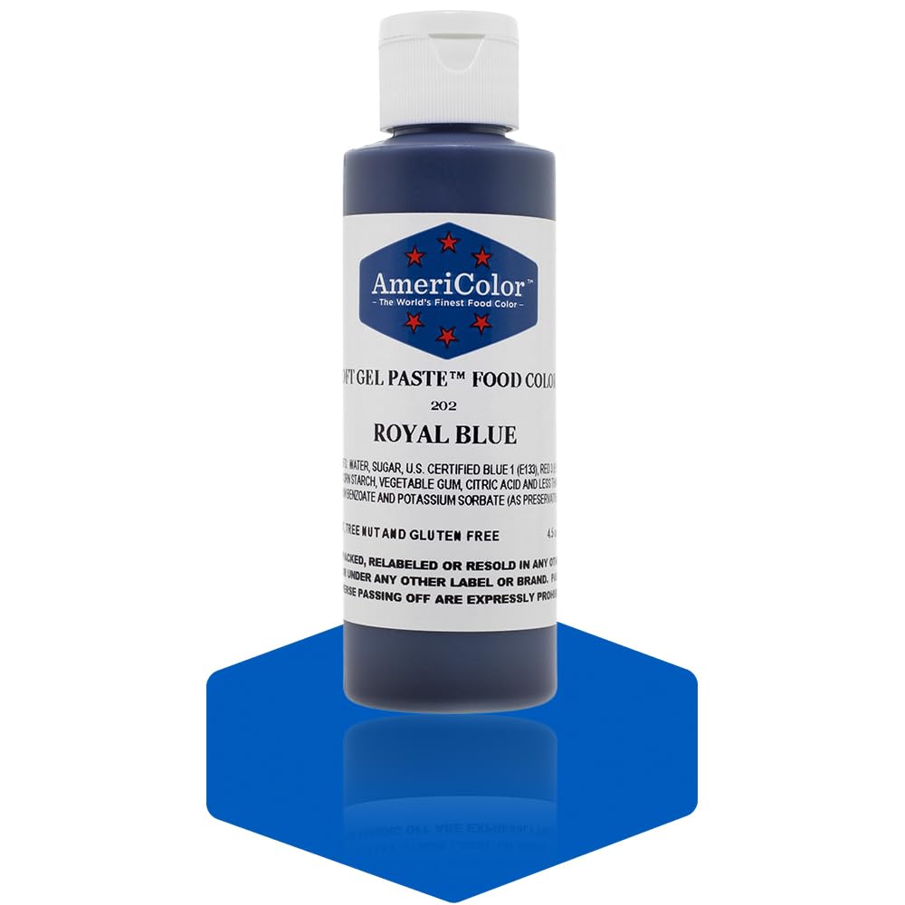 AmeriColor Soft Gel Paste Royal Blue bottle delivers vibrant, uniform color for cakes and cookies.