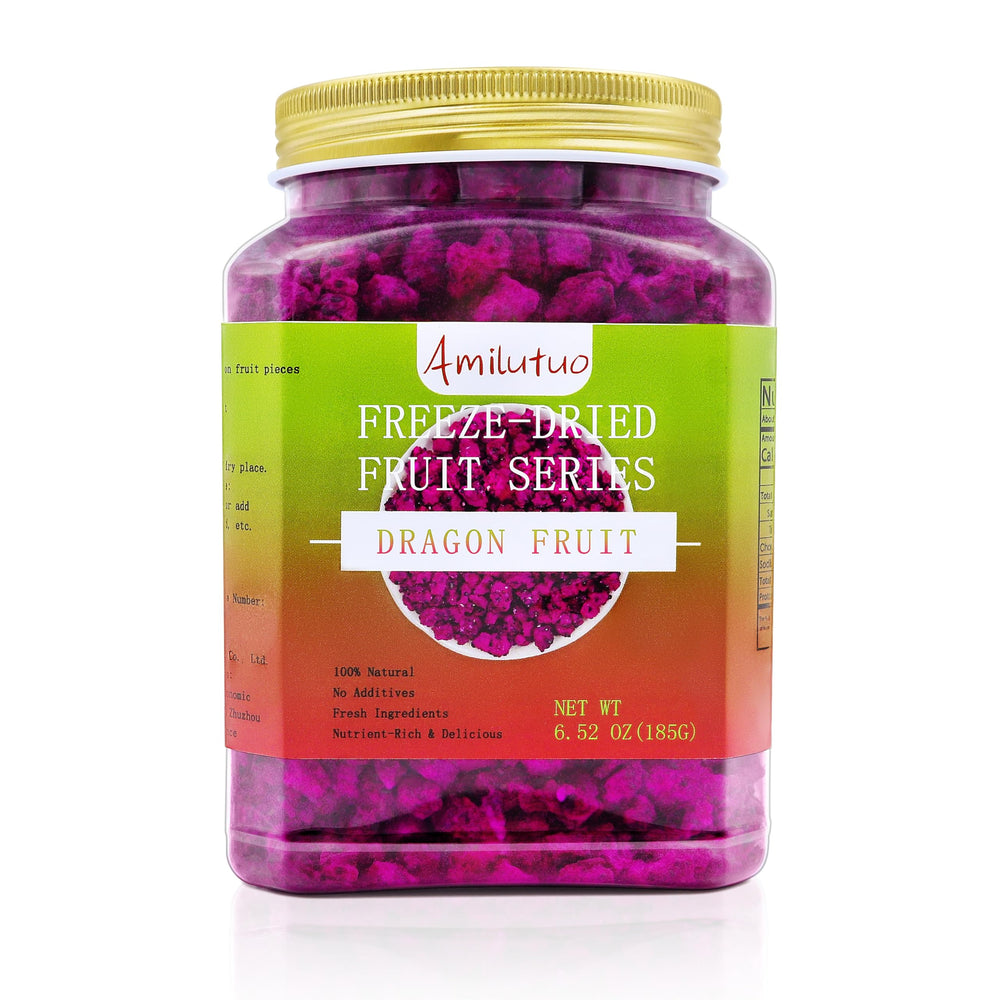 Amilutuo freeze-dried dragon fruit chunks in a jar for shelf-stable snacking and topping ideas