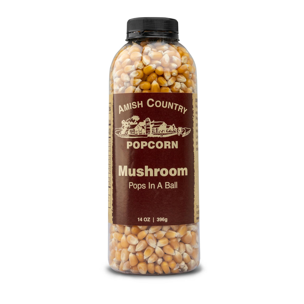 Amish Country Popcorn bottle with mushroom kernels ready to pop for crisper popcorn