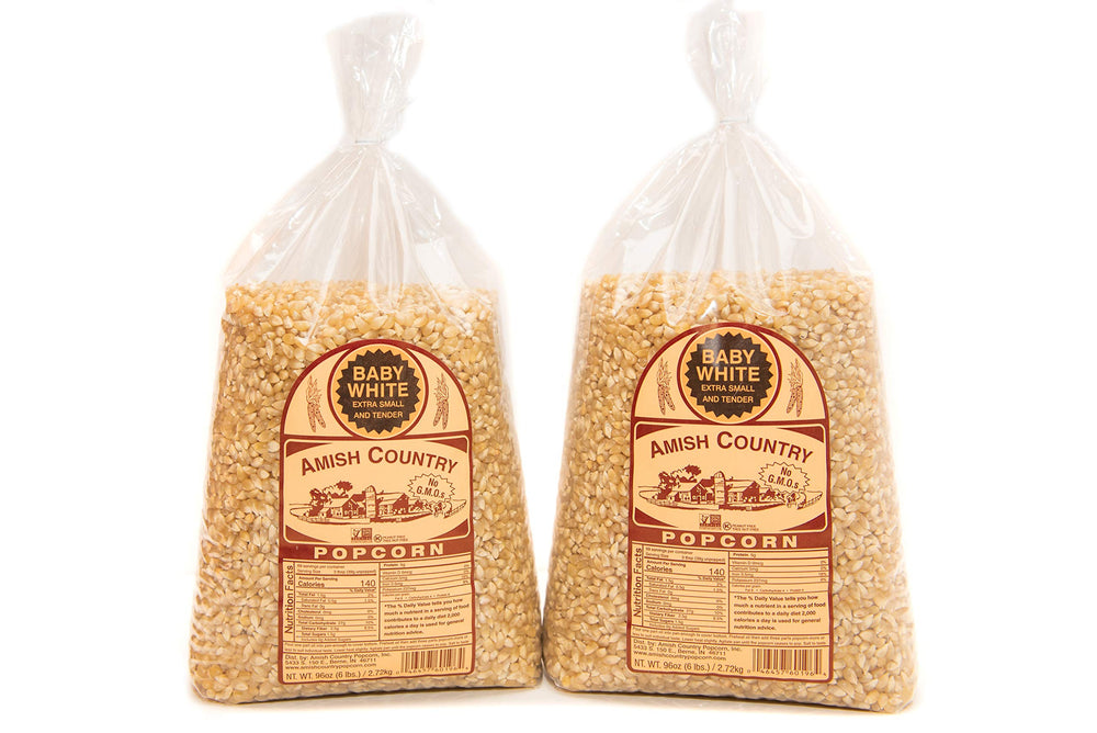 Amish Country Popcorn Baby White Kernel bag pour for quick, fresh snacking.
