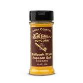 Amish Country Popcorn Ballpark ButterSalt bottle close-up, buttery aroma and savory flavor.