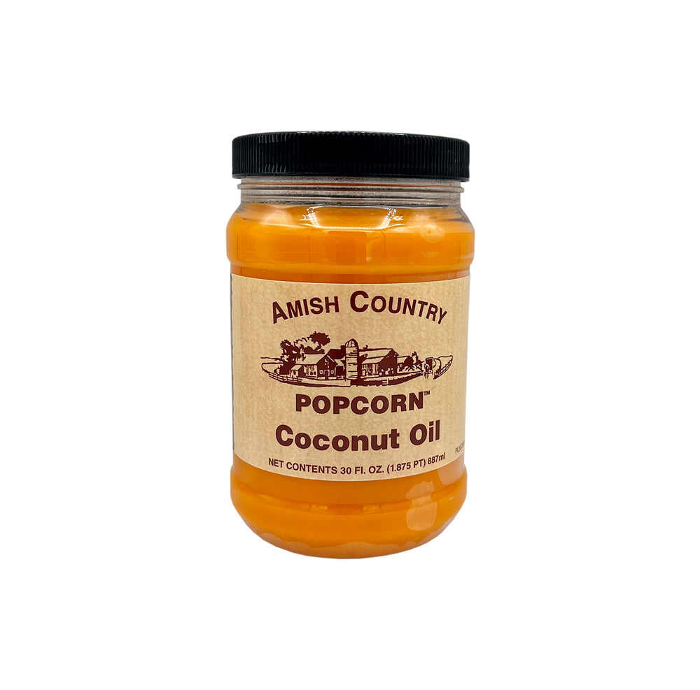 Amish Country Popcorn coconut oil bottle showing versatility for cooking and snacking.