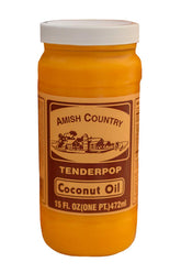 Amish Country Popcorn coconut oil jar shows creamy texture for versatile snacking and cooking.