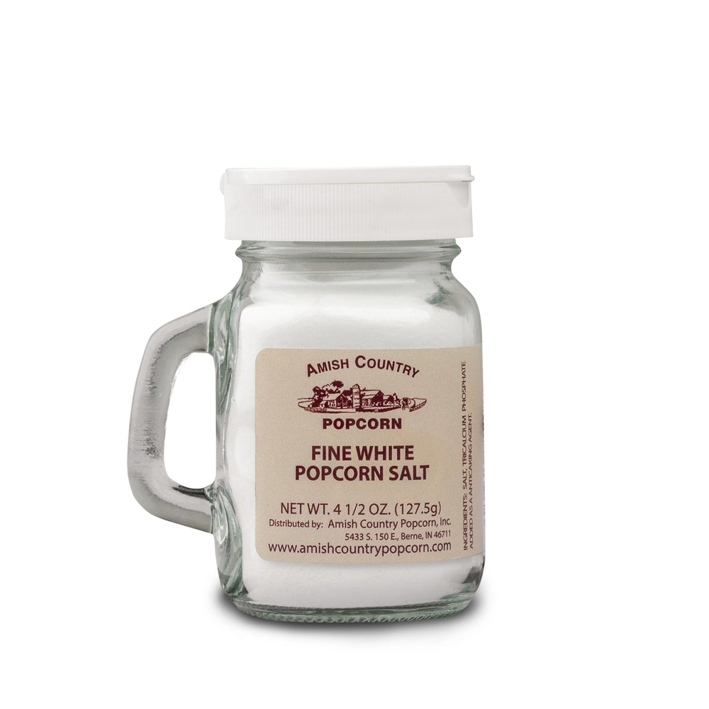 Amish Country Popcorn Fine White Salt jar enhances flavor without overpowering popcorn.