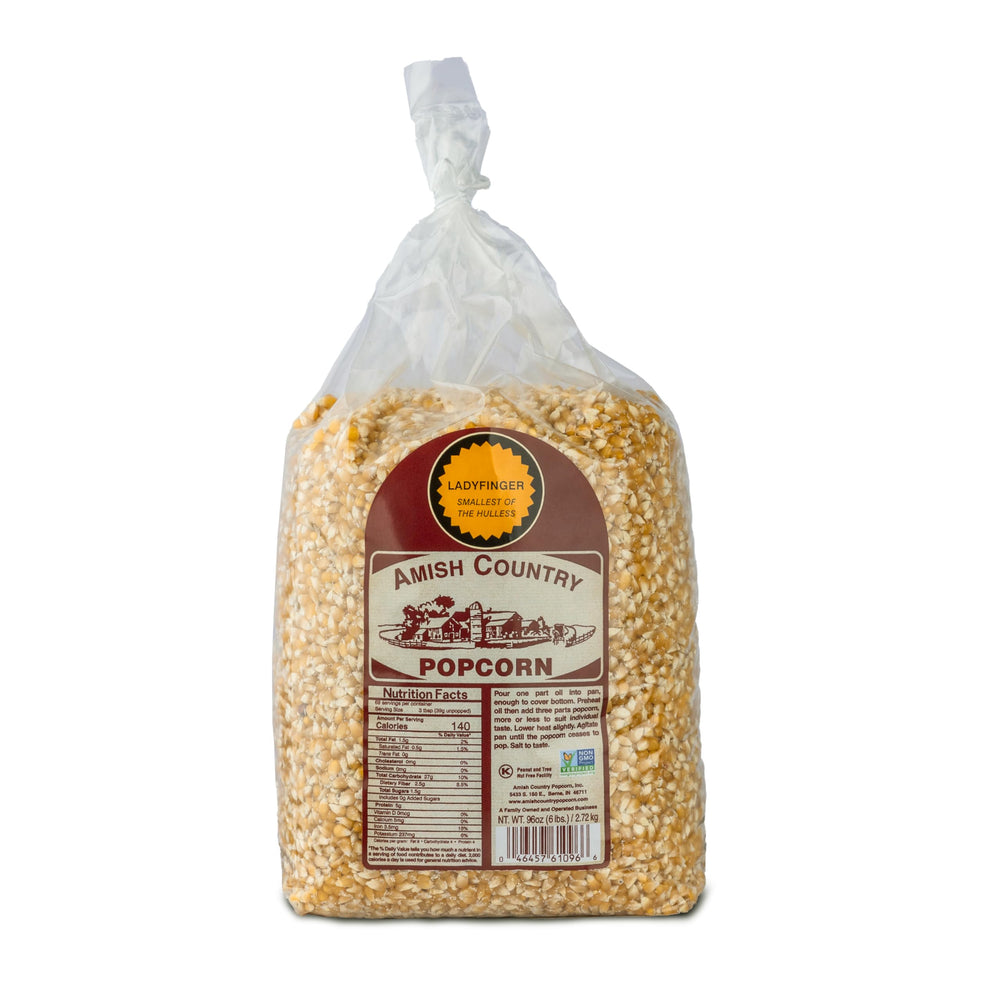 Amish Country Popcorn Ladyfinger kernels ready for soft hulless pops and easy snacking.