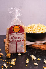 Amish Country Popcorn Ladyfinger kernels close-up label—premium quality.