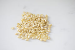 Amish Country Popcorn medium white kernels close-up for even popping.