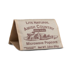 Amish Country Popcorn non-GMO gluten-free label on a bag for mindful snacking.