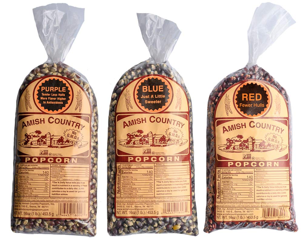 Amish Country Popcorn purple kernel bag ready for snacking at home.