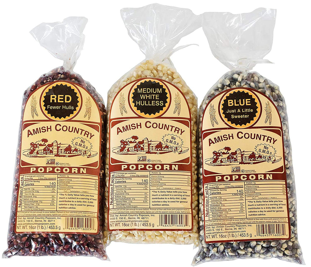 Amish Country Popcorn red kernels for a quick, crisp snack.