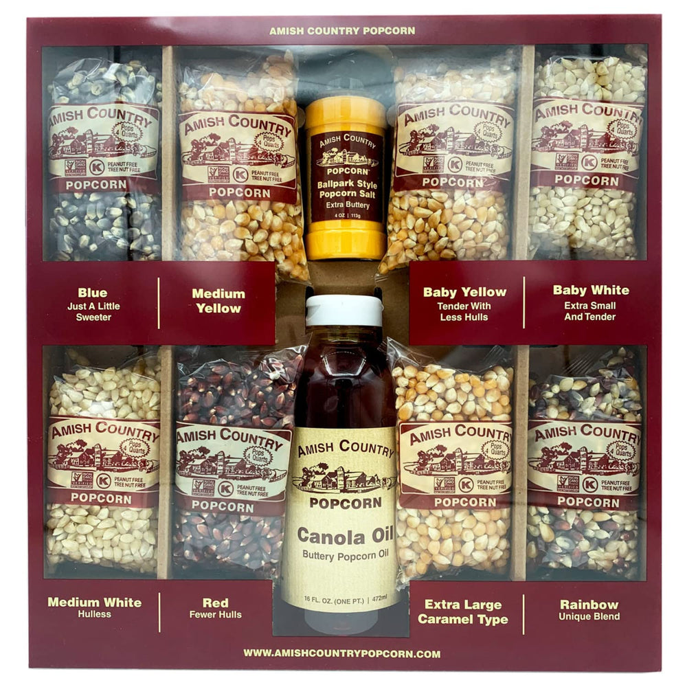 Amish Country Popcorn stovetop sampler pack bags for quick family movie night.