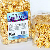 Amish Good caramel popcorn bag close-up, two-pack, fresh-snack ready