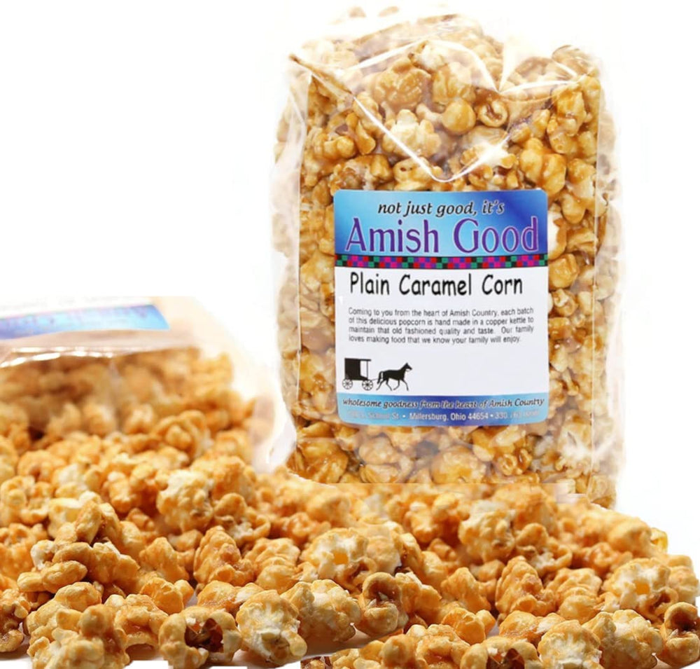 Amish Good copper kettle caramel popcorn with rich aroma.