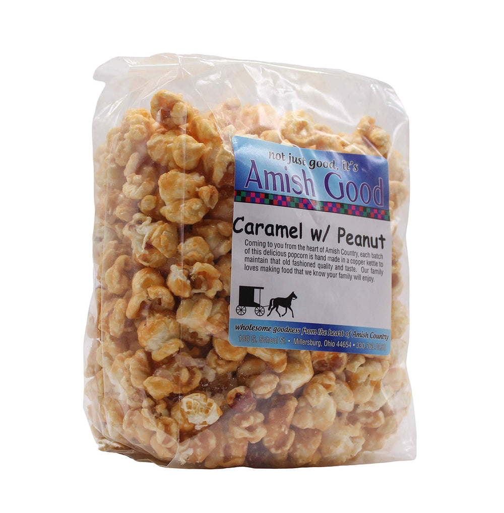 Amish Good premium caramel popcorn with peanuts in a 12oz bag for flavorful snacking