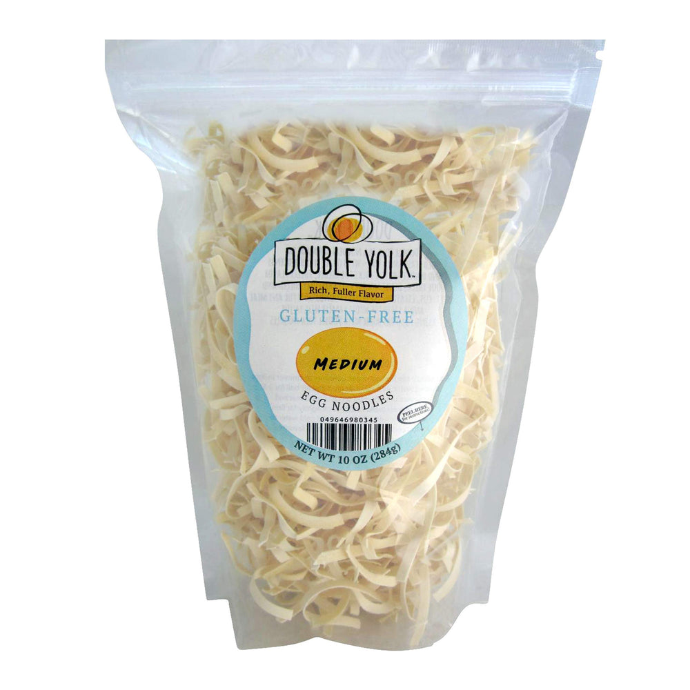 Amish Wedding gluten free noodles bag front view with double yolk eggs.