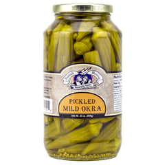 Amish Wedding mild pickled okra closeup, vibrant brine and texture.
