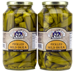 Amish Wedding mild pickled okra jar, crisp and snack-ready.