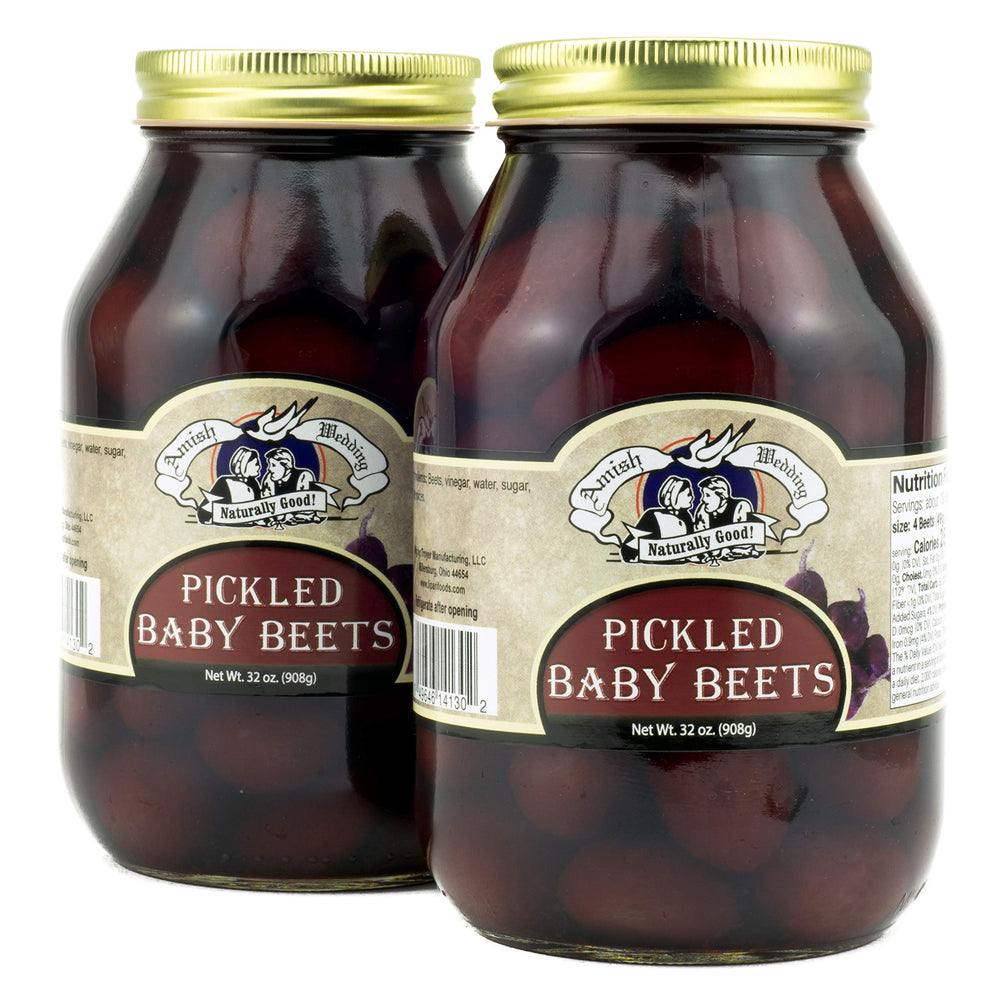 Amish Wedding pickled baby beets in 32oz two-pack jars, ideal for salad toppings