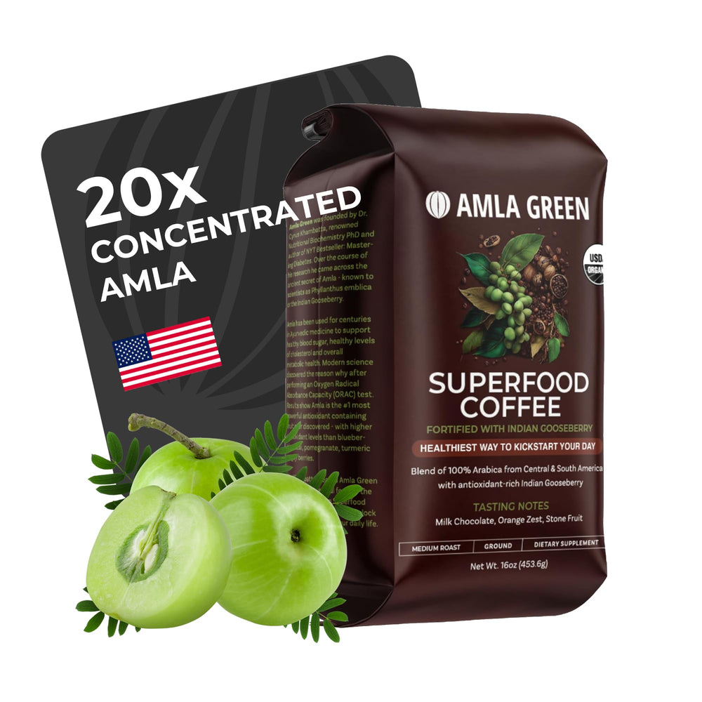 Amla Green organic ground coffee bag emphasizes premium packaging for daily use
