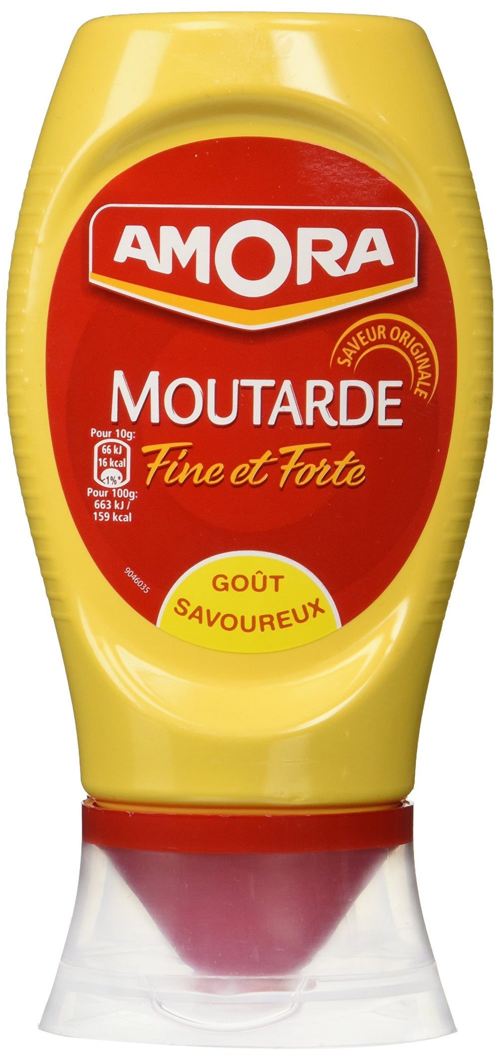 Amora Strong Dijon Mustard bottle close-up, bold flavor for dressings and sandwiches.
