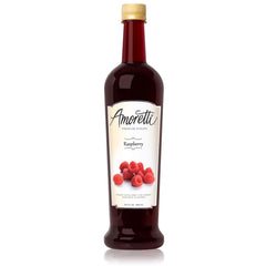 Amoretti Raspberry Syrup bottle close-up for cocktails and desserts.