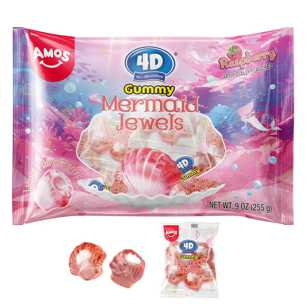 Amos 4D Mermaid Gems gummies—colorful shells for festive party favors.